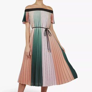 NWT Ted Baker London Fernee Pleated Off-Shoulder Midi Dress Color-Block